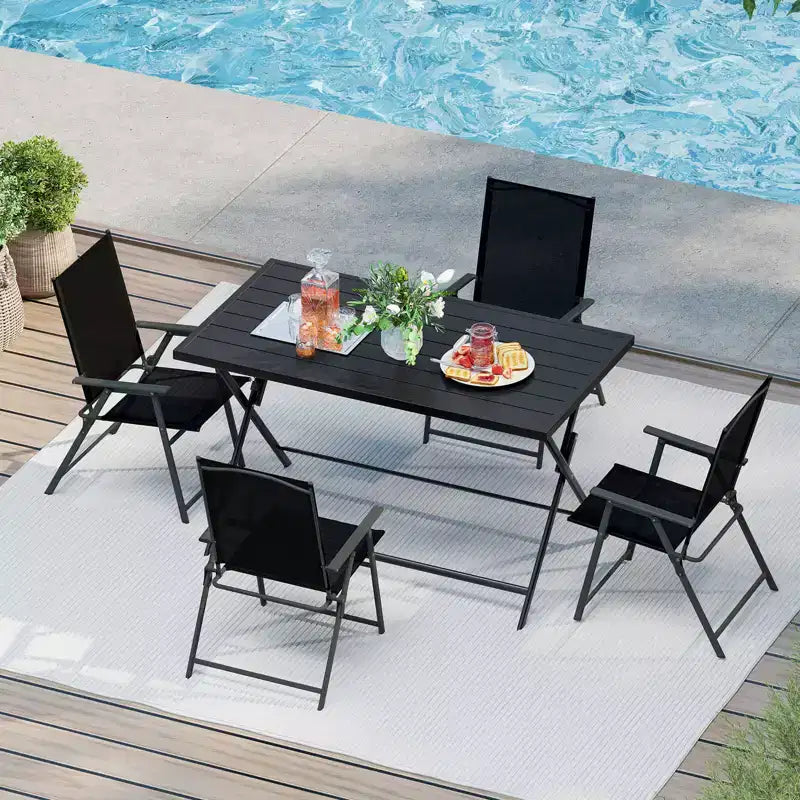 Costway 5 PCS Foldable Outdoor Dining Set,Large Rectangular Metal Table 4 Mesh Armchairs Black