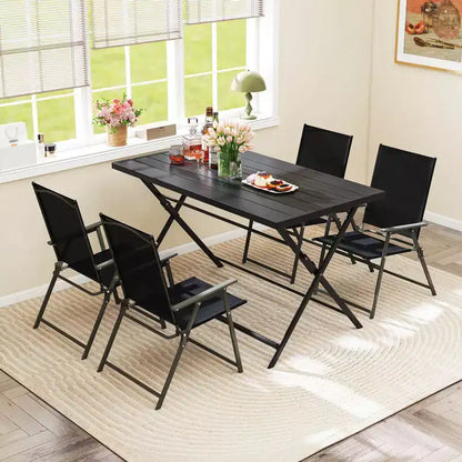 Costway 5 PCS Foldable Outdoor Dining Set,Large Rectangular Metal Table 4 Mesh Armchairs Black