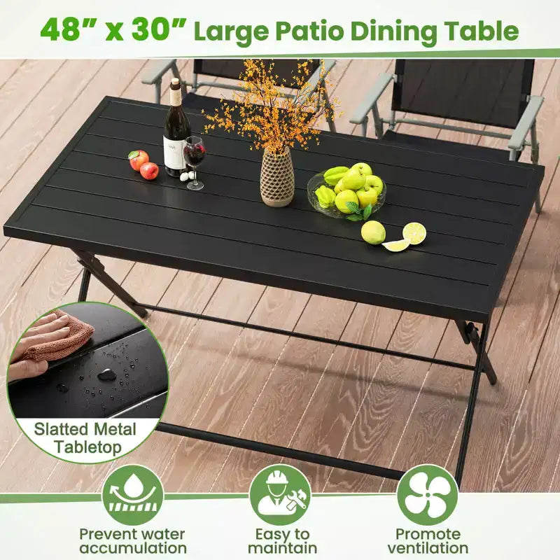 Costway 5 PCS Foldable Outdoor Dining Set,Large Rectangular Metal Table 4 Mesh Armchairs Black