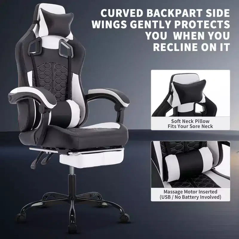 TUYOHW Chaise de Bureau Gaming Pivotante avec Roulettes, Dossier Inclinable, Hauteur d'Assise et Repose-Pieds Réglables, Chaise de Jeu Ergonomique, 136 kg Max