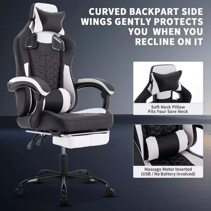 TUYOHW Chaise de Bureau Gaming Pivotante avec Roulettes, Dossier Inclinable, Hauteur d'Assise et Repose-Pieds Réglables, Chaise de Jeu Ergonomique, 136 kg Max