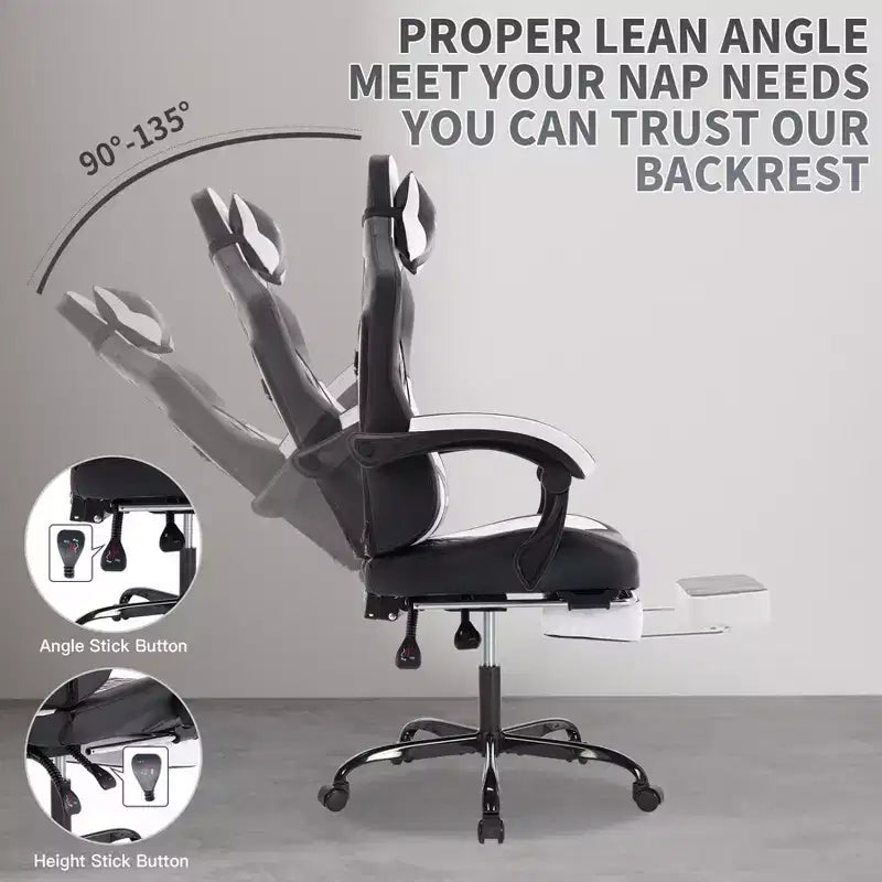 TUYOHW Chaise de Bureau Gaming Pivotante avec Roulettes, Dossier Inclinable, Hauteur d'Assise et Repose-Pieds Réglables, Chaise de Jeu Ergonomique, 136 kg Max