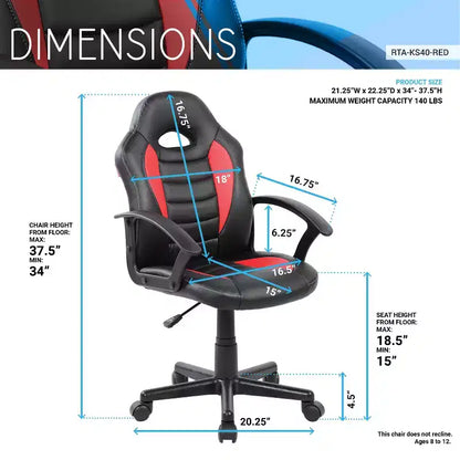 Chaise de jeu ergonomique TUYOHW pour enfants, pivotante à 360° avec roulettes, chaise d'ordinateur noire/rouge pour bureau et maison, chaise de loisirs polyvalente, noir/rouge