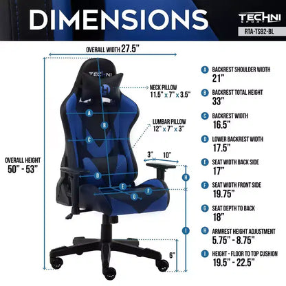 Chaise de jeu ergonomique réglable TUYOHW, chaises de bureau pivotantes à 360° avec oreiller de tête et lombaire, fauteuil inclinable de 90 à 150° pour le bureau et la maison, 113 kg max, bleu