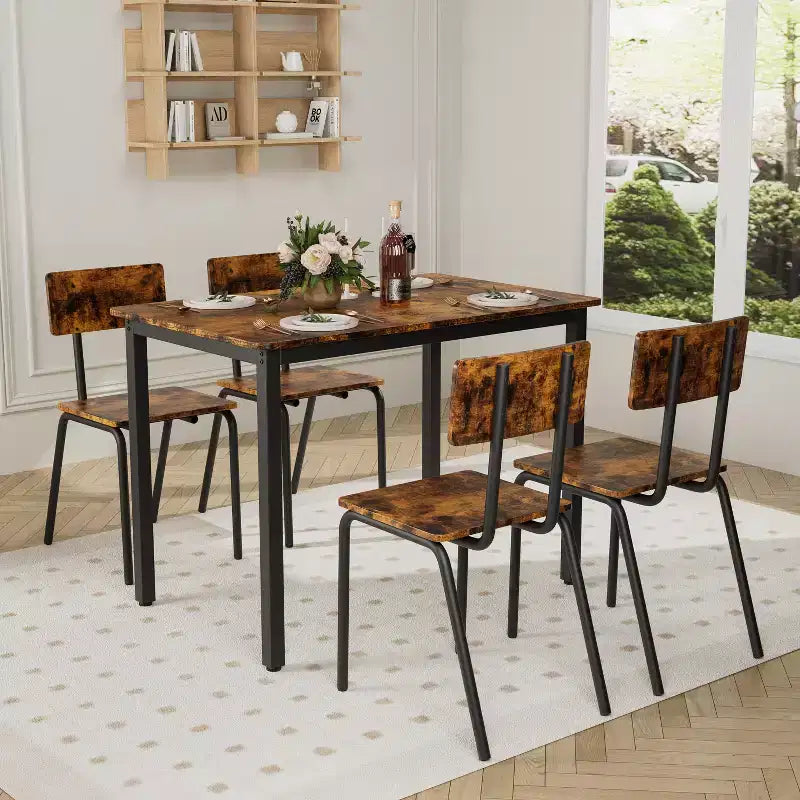 Dining Table Set for 4, 5-Piece Kitchen Table and Chairs, Rectangular Dining Room Table Set with 4 Chairs, Space-Saving Kitchen Table Set