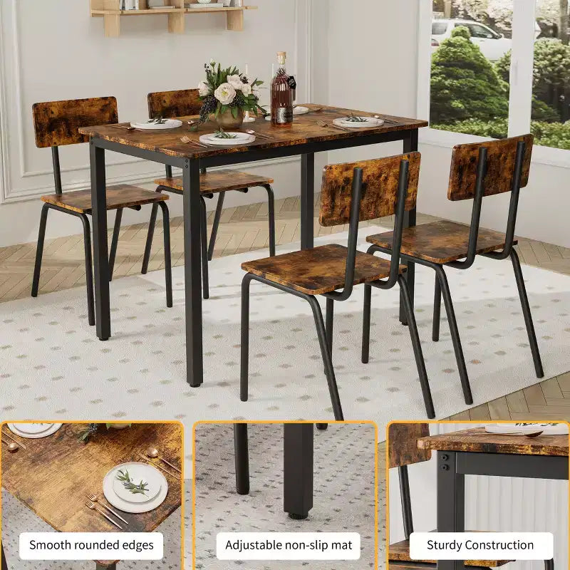Dining Table Set for 4, 5-Piece Kitchen Table and Chairs, Rectangular Dining Room Table Set with 4 Chairs, Space-Saving Kitchen Table Set
