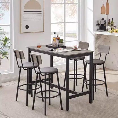 5 Piece Dining Table Set, Bar Table Set with 4 Upholstered Stools, Wooden Backrest, Ring-Shaped Footrest, for Living Room Study Dining Room