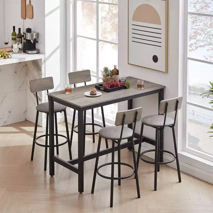 5 Piece Dining Table Set, Bar Table Set with 4 Upholstered Stools, Wooden Backrest, Ring-Shaped Footrest, for Living Room Study Dining Room