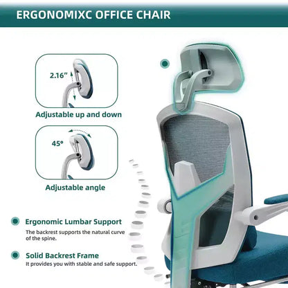 TUYOHW Ergonomic Office Chair with Retractable Footrest, Gaming Chair with Lumbar Support Pillow and Padded Armrests, Swivel Chair for Office