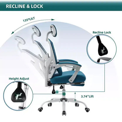 TUYOHW Ergonomic Office Chair with Retractable Footrest, Gaming Chair with Lumbar Support Pillow and Padded Armrests, Swivel Chair for Office