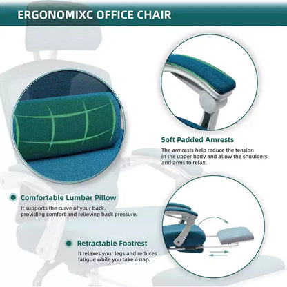 TUYOHW Ergonomic Office Chair with Retractable Footrest, Gaming Chair with Lumbar Support Pillow and Padded Armrests, Swivel Chair for Office