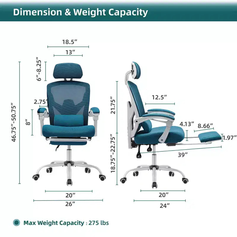 TUYOHW Ergonomic Office Chair with Retractable Footrest, Gaming Chair with Lumbar Support Pillow and Padded Armrests, Swivel Chair for Office