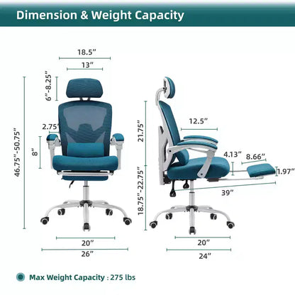 TUYOHW Ergonomic Office Chair with Retractable Footrest, Gaming Chair with Lumbar Support Pillow and Padded Armrests, Swivel Chair for Office