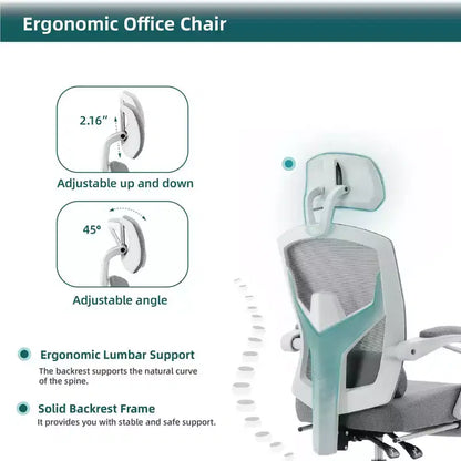 TUYOHW Ergonomic Office Chair with Retractable Footrest, Gaming Chair with Lumbar Support Pillow and Padded Armrests, Swivel Chair for Office