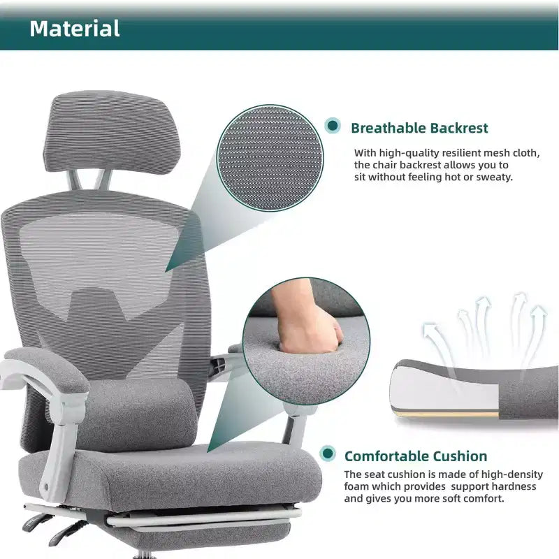 TUYOHW Ergonomic Office Chair with Retractable Footrest, Gaming Chair with Lumbar Support Pillow and Padded Armrests, Swivel Chair for Office