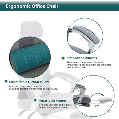 TUYOHW Ergonomic Office Chair with Retractable Footrest, Gaming Chair with Lumbar Support Pillow and Padded Armrests, Swivel Chair for Office