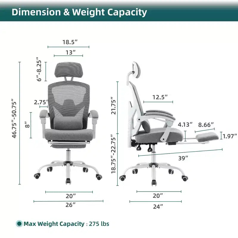 TUYOHW Ergonomic Office Chair with Retractable Footrest, Gaming Chair with Lumbar Support Pillow and Padded Armrests, Swivel Chair for Office