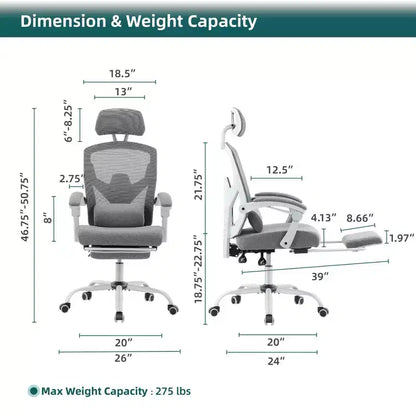 TUYOHW Ergonomic Office Chair with Retractable Footrest, Gaming Chair with Lumbar Support Pillow and Padded Armrests, Swivel Chair for Office