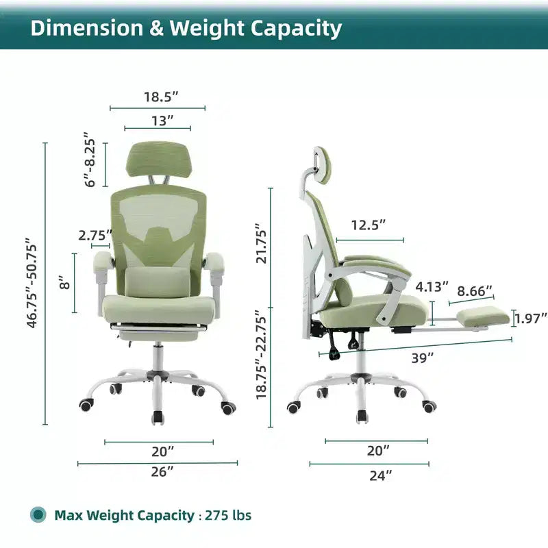 TUYOHW Ergonomic Office Chair with Retractable Footrest, Gaming Chair with Lumbar Support Pillow and Padded Armrests, Swivel Chair for Office