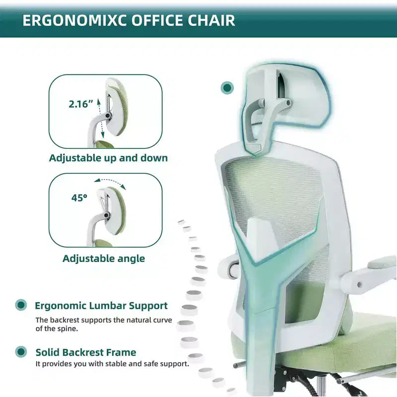 TUYOHW Ergonomic Office Chair with Retractable Footrest, Gaming Chair with Lumbar Support Pillow and Padded Armrests, Swivel Chair for Office