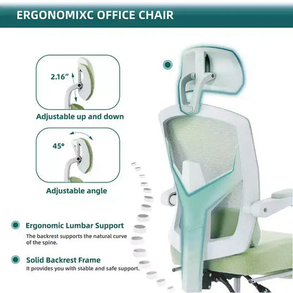 TUYOHW Ergonomic Office Chair with Retractable Footrest, Gaming Chair with Lumbar Support Pillow and Padded Armrests, Swivel Chair for Office