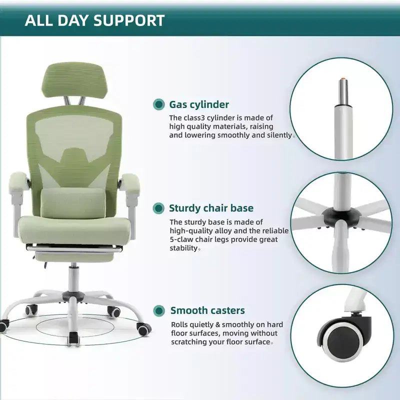 TUYOHW Ergonomic Office Chair with Retractable Footrest, Gaming Chair with Lumbar Support Pillow and Padded Armrests, Swivel Chair for Office