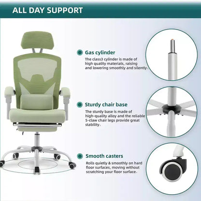 TUYOHW Ergonomic Office Chair with Retractable Footrest, Gaming Chair with Lumbar Support Pillow and Padded Armrests, Swivel Chair for Office