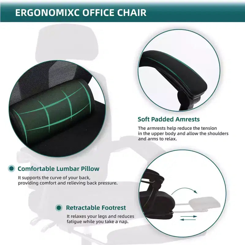 TUYOHW Ergonomic Office Chair with Retractable Footrest, Gaming Chair with Lumbar Support Pillow and Padded Armrests, Swivel Chair for Office