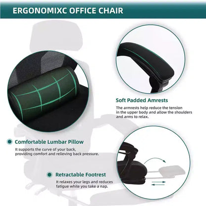 TUYOHW Ergonomic Office Chair with Retractable Footrest, Gaming Chair with Lumbar Support Pillow and Padded Armrests, Swivel Chair for Office
