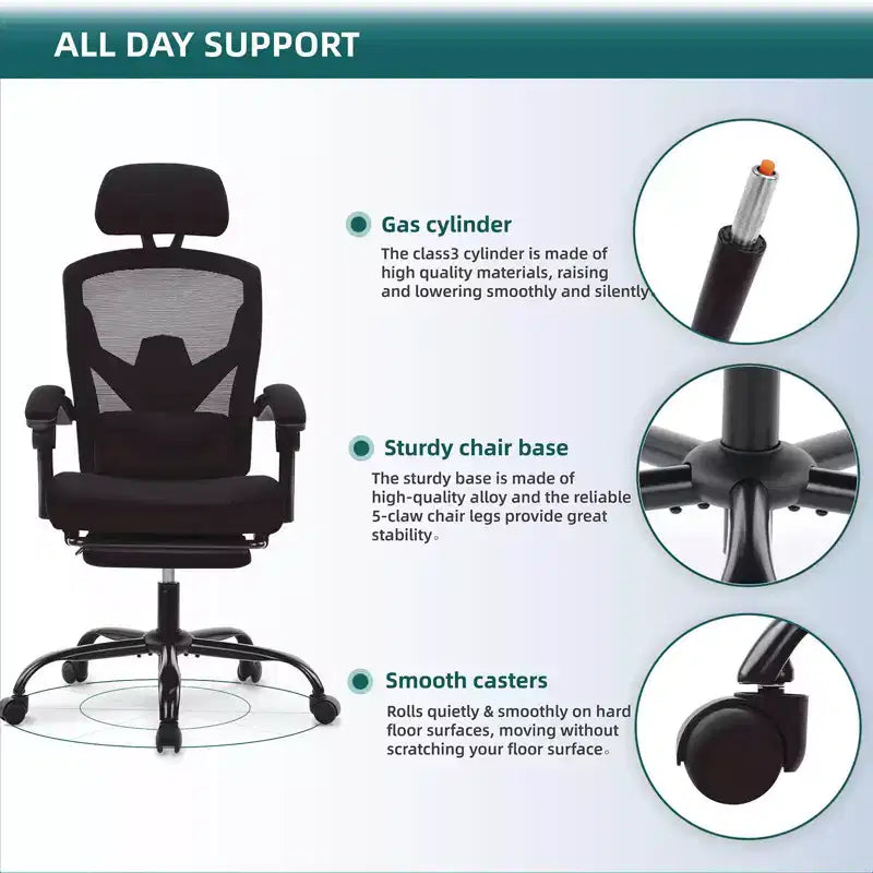 TUYOHW Ergonomic Office Chair with Retractable Footrest, Gaming Chair with Lumbar Support Pillow and Padded Armrests, Swivel Chair for Office