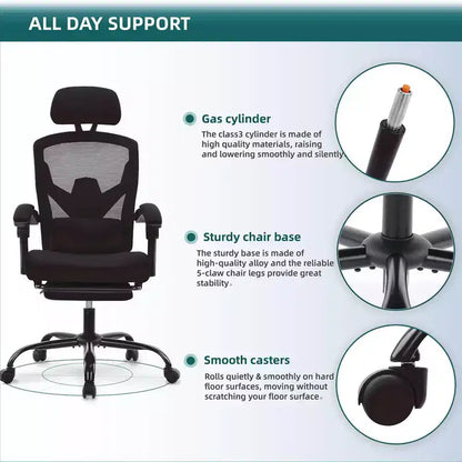 TUYOHW Ergonomic Office Chair with Retractable Footrest, Gaming Chair with Lumbar Support Pillow and Padded Armrests, Swivel Chair for Office