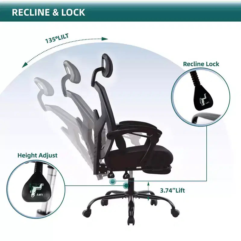 TUYOHW Ergonomic Office Chair with Retractable Footrest, Gaming Chair with Lumbar Support Pillow and Padded Armrests, Swivel Chair for Office