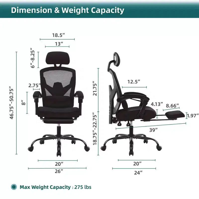TUYOHW Ergonomic Office Chair with Retractable Footrest, Gaming Chair with Lumbar Support Pillow and Padded Armrests, Swivel Chair for Office