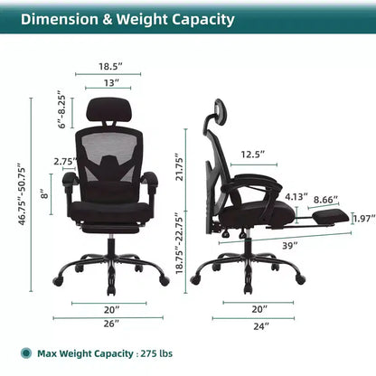 TUYOHW Ergonomic Office Chair with Retractable Footrest, Gaming Chair with Lumbar Support Pillow and Padded Armrests, Swivel Chair for Office