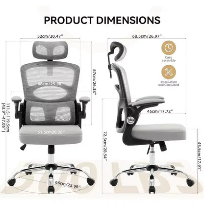 Chaise de bureau ergonomique COZONY – Chaise de bureau à roulettes en maille, chaise de jeu d'ordinateur à dossier haut avec appuie-tête réglable pour la maison, le bureau, gris