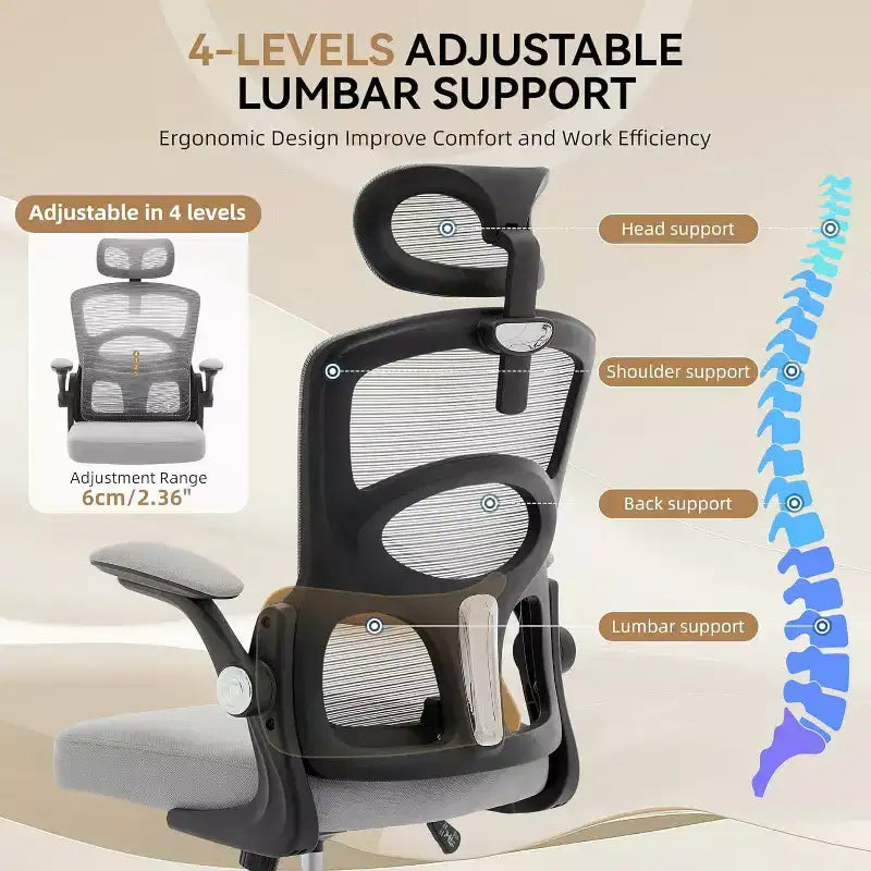 Chaise de bureau ergonomique COZONY – Chaise de bureau à roulettes en maille, chaise de jeu d'ordinateur à dossier haut avec appuie-tête réglable pour la maison, le bureau, gris