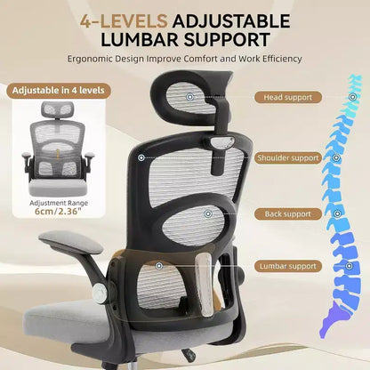 Chaise de bureau ergonomique COZONY – Chaise de bureau à roulettes en maille, chaise de jeu d'ordinateur à dossier haut avec appuie-tête réglable pour la maison, le bureau, gris