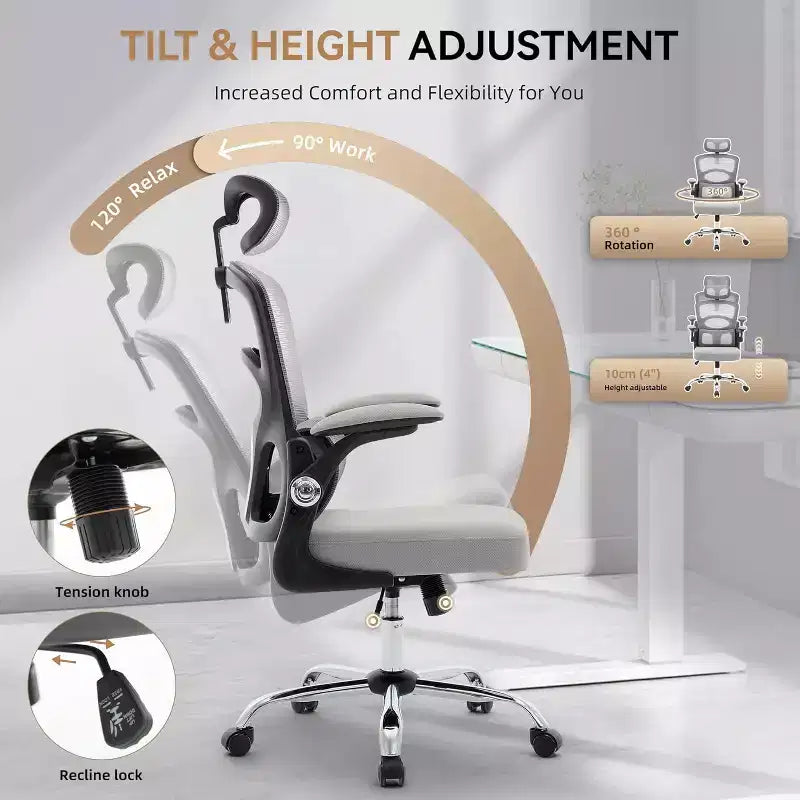 Chaise de bureau ergonomique COZONY – Chaise de bureau à roulettes en maille, chaise de jeu d'ordinateur à dossier haut avec appuie-tête réglable pour la maison, le bureau, gris