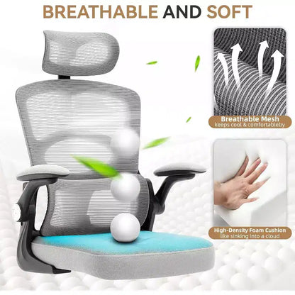 Chaise de bureau ergonomique COZONY – Chaise de bureau à roulettes en maille, chaise de jeu d'ordinateur à dossier haut avec appuie-tête réglable pour la maison, le bureau, gris