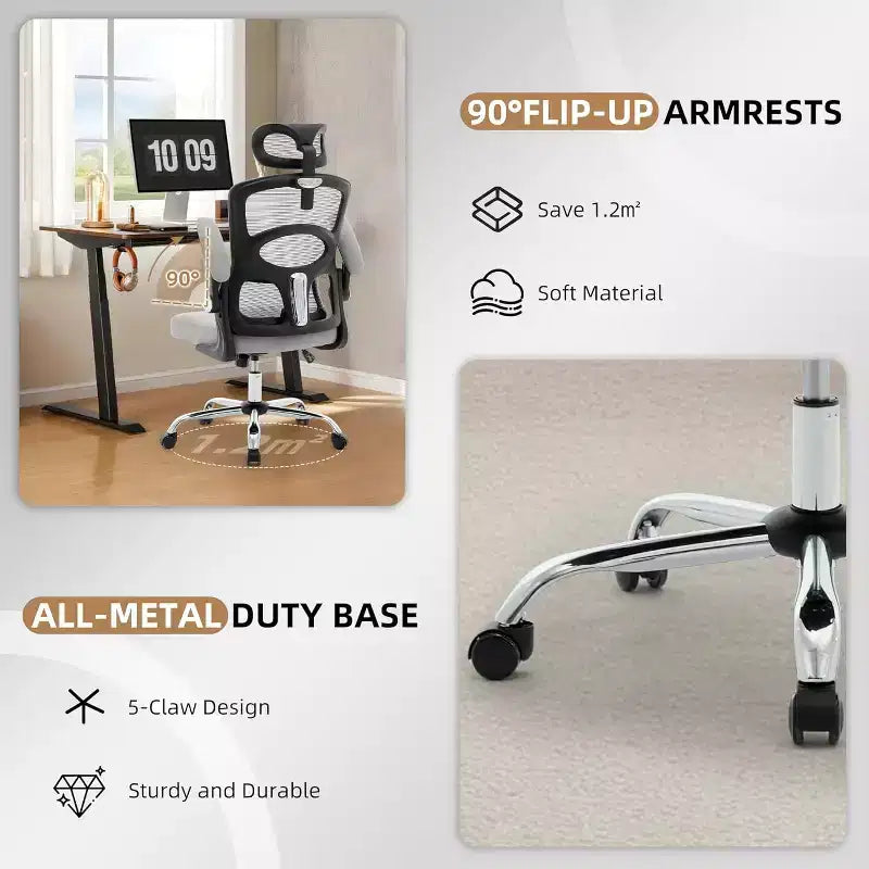 Chaise de bureau ergonomique COZONY – Chaise de bureau à roulettes en maille, chaise de jeu d'ordinateur à dossier haut avec appuie-tête réglable pour la maison, le bureau, gris