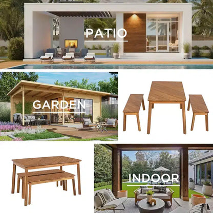 GDFStudio Lucas Patio Ensemble de salle à manger moderne 3 pièces en bois d'acacia avec deux bancs