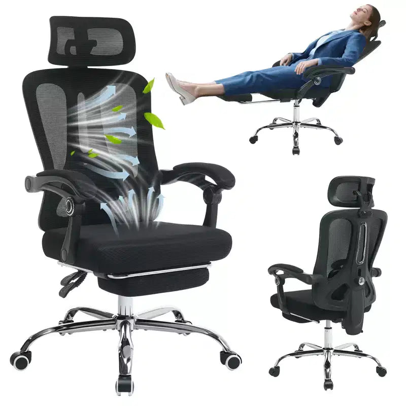 Acekool Ergonomic Mesh Reclining Chair with Footrest, Adjustable Lumbar & Headrest, for Home Office Gaming Room