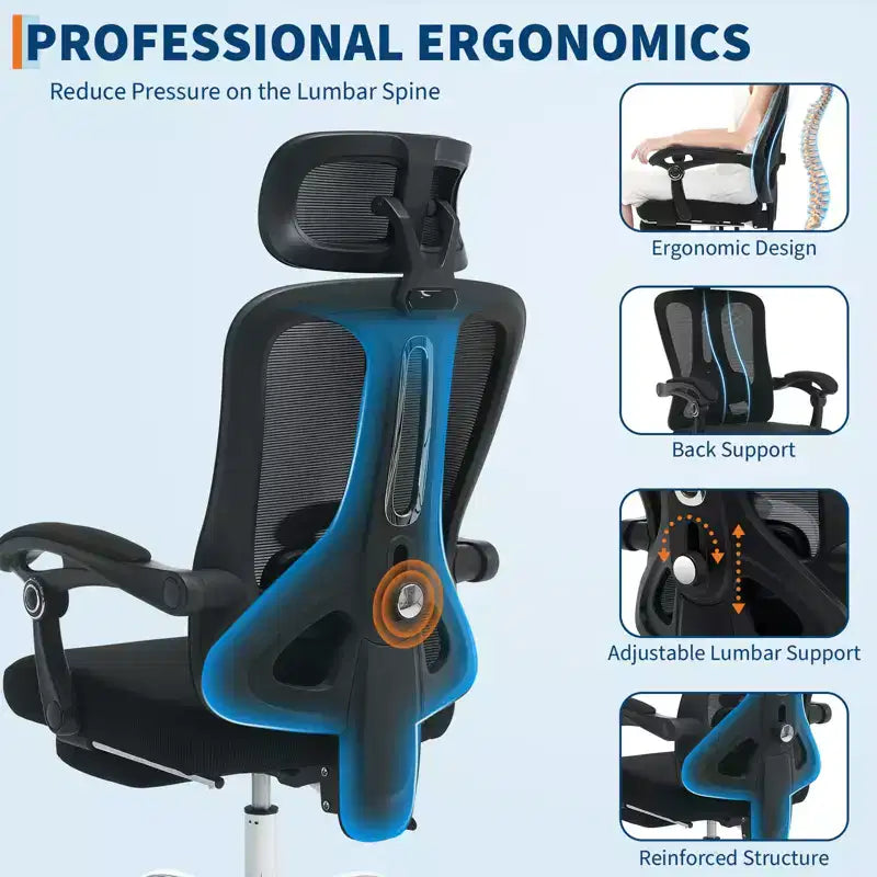 Acekool Ergonomic Mesh Reclining Chair with Footrest, Adjustable Lumbar & Headrest, for Home Office Gaming Room
