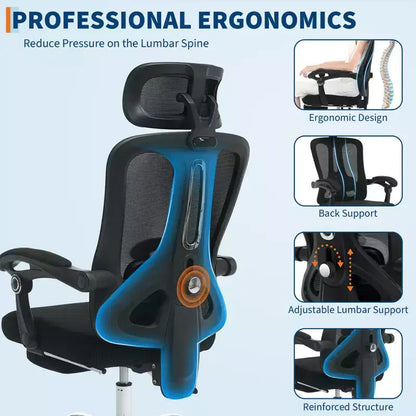 Acekool Ergonomic Mesh Reclining Chair with Footrest, Adjustable Lumbar & Headrest, for Home Office Gaming Room