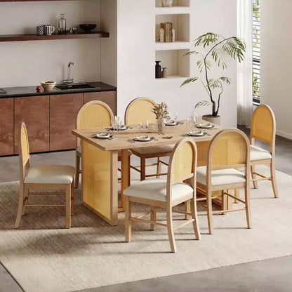 7-Piece Farmhouse Dining Table Set for 6-59.8 Rectangular Dining Table with Distressed and 6 Rattan Chairs, Rustic Kitchen Furniture