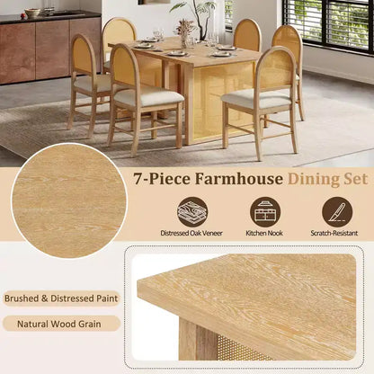 7-Piece Farmhouse Dining Table Set for 6-59.8 Rectangular Dining Table with Distressed and 6 Rattan Chairs, Rustic Kitchen Furniture