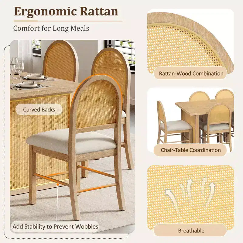 7-Piece Farmhouse Dining Table Set for 6-59.8 Rectangular Dining Table with Distressed and 6 Rattan Chairs, Rustic Kitchen Furniture