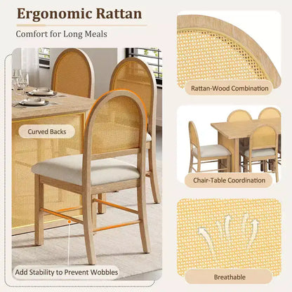 7-Piece Farmhouse Dining Table Set for 6-59.8 Rectangular Dining Table with Distressed and 6 Rattan Chairs, Rustic Kitchen Furniture