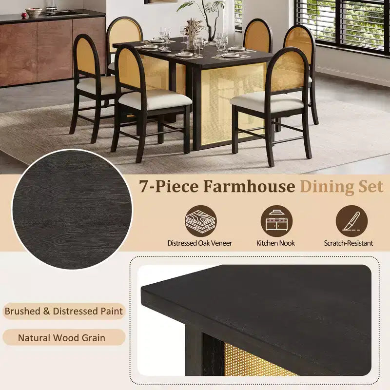 7-Piece Farmhouse Dining Table Set for 6-59.8 Rectangular Dining Table with Distressed and 6 Rattan Chairs, Rustic Kitchen Furniture