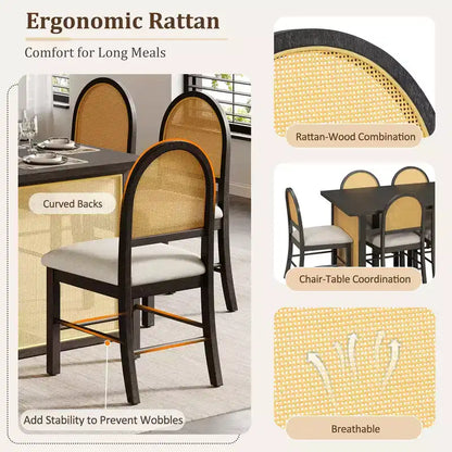 7-Piece Farmhouse Dining Table Set for 6-59.8 Rectangular Dining Table with Distressed and 6 Rattan Chairs, Rustic Kitchen Furniture